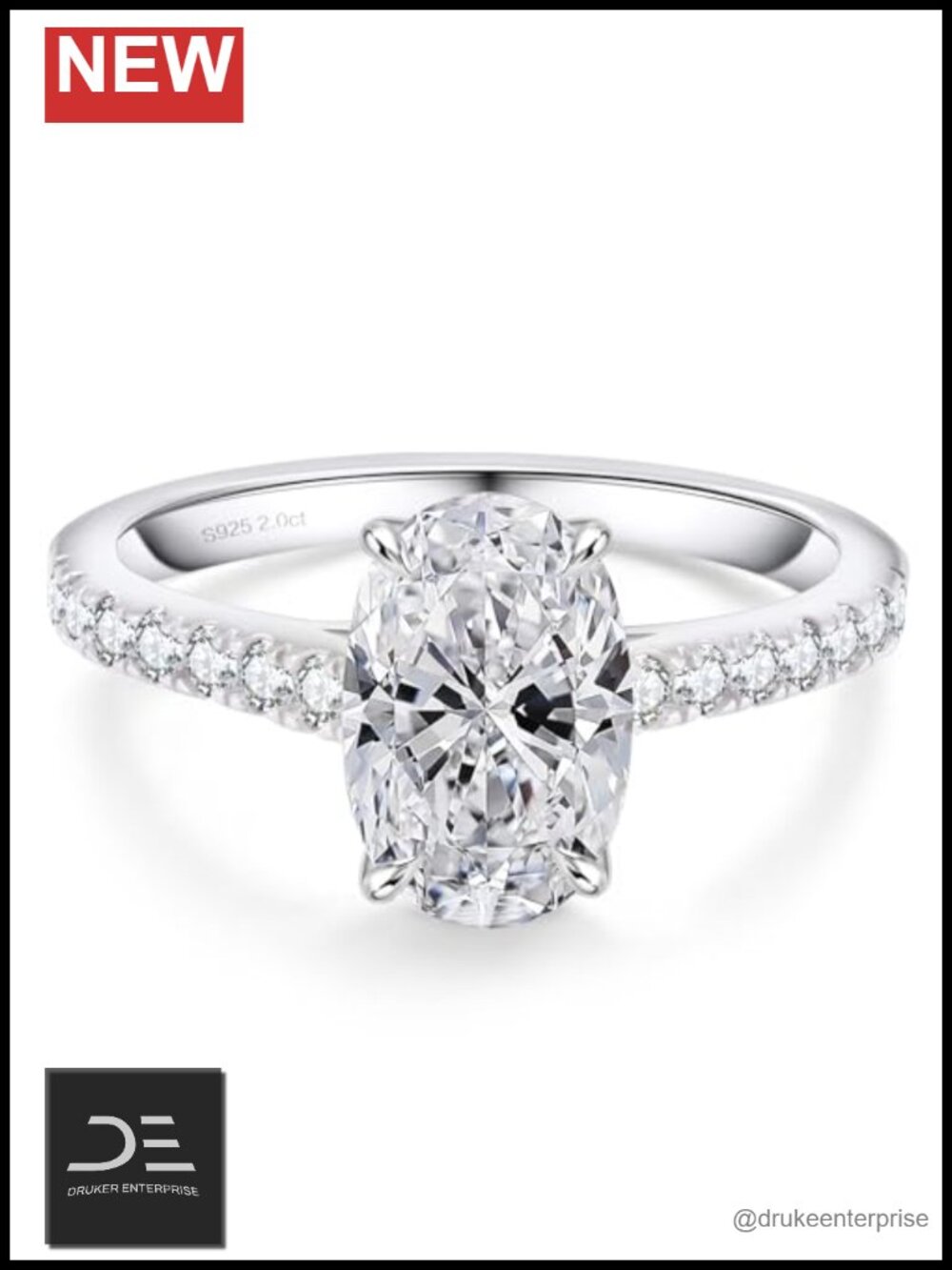 2CT Moissanite Engagement Ring, 14K Gold Plated Sterling Silver, 4-Prong Oval